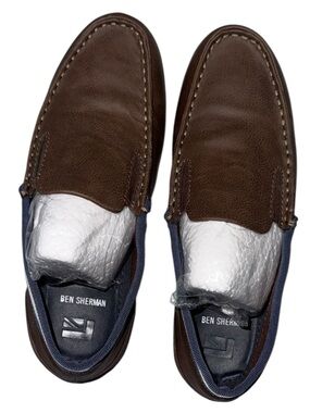 Ben Sherman Brown Leather Slip-On Loafers with Navy Trim